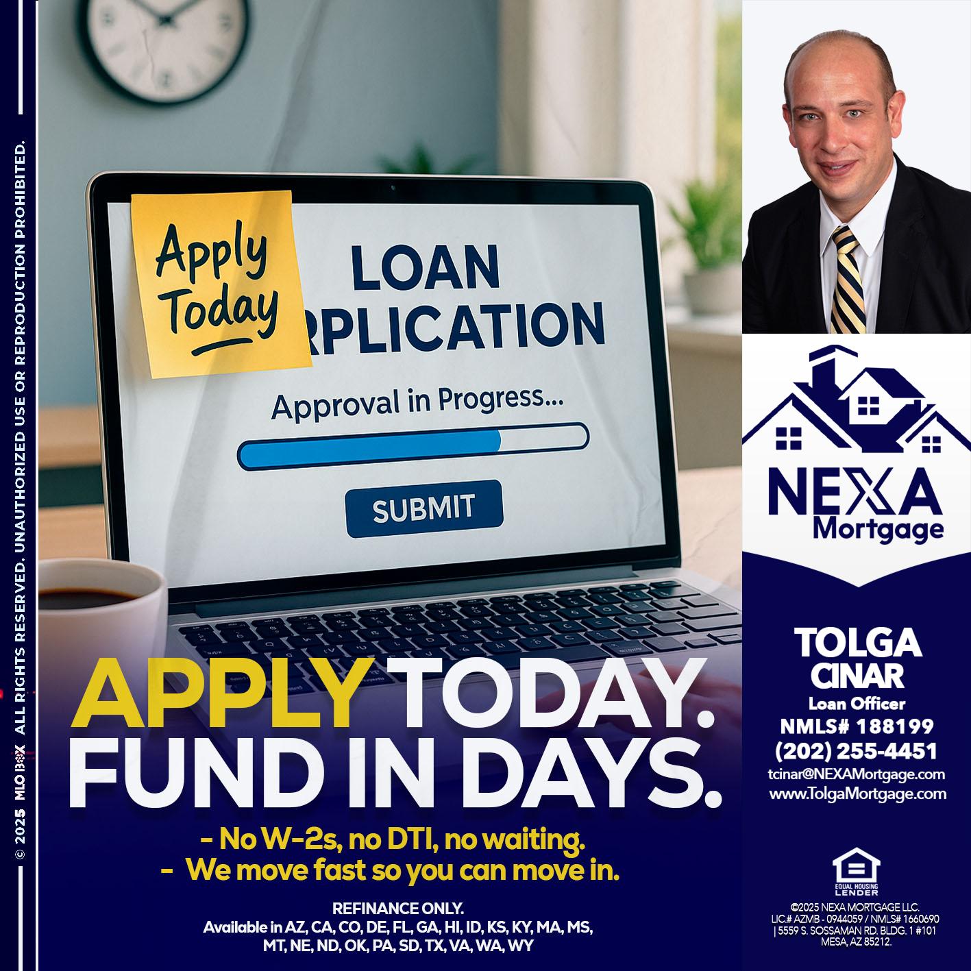 APPLY TODAY - Tolga Cinar -Mortgage Loan Originator