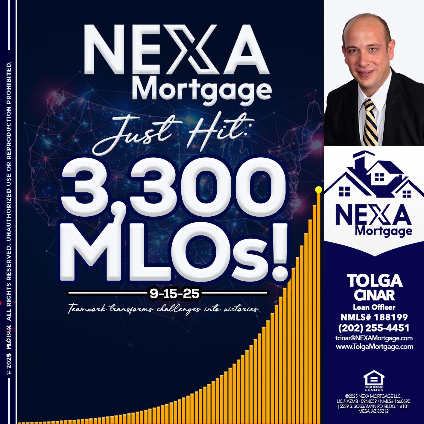 NEXA JUST HIT 3300 MLOS - Tolga Cinar -Mortgage Loan Originator