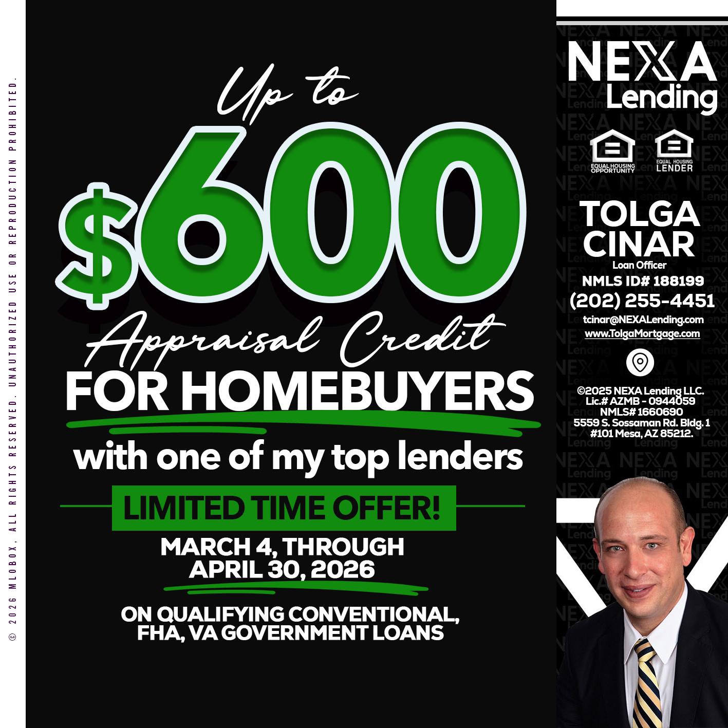 up to $600 - Tolga Cinar -Mortgage Loan Originator