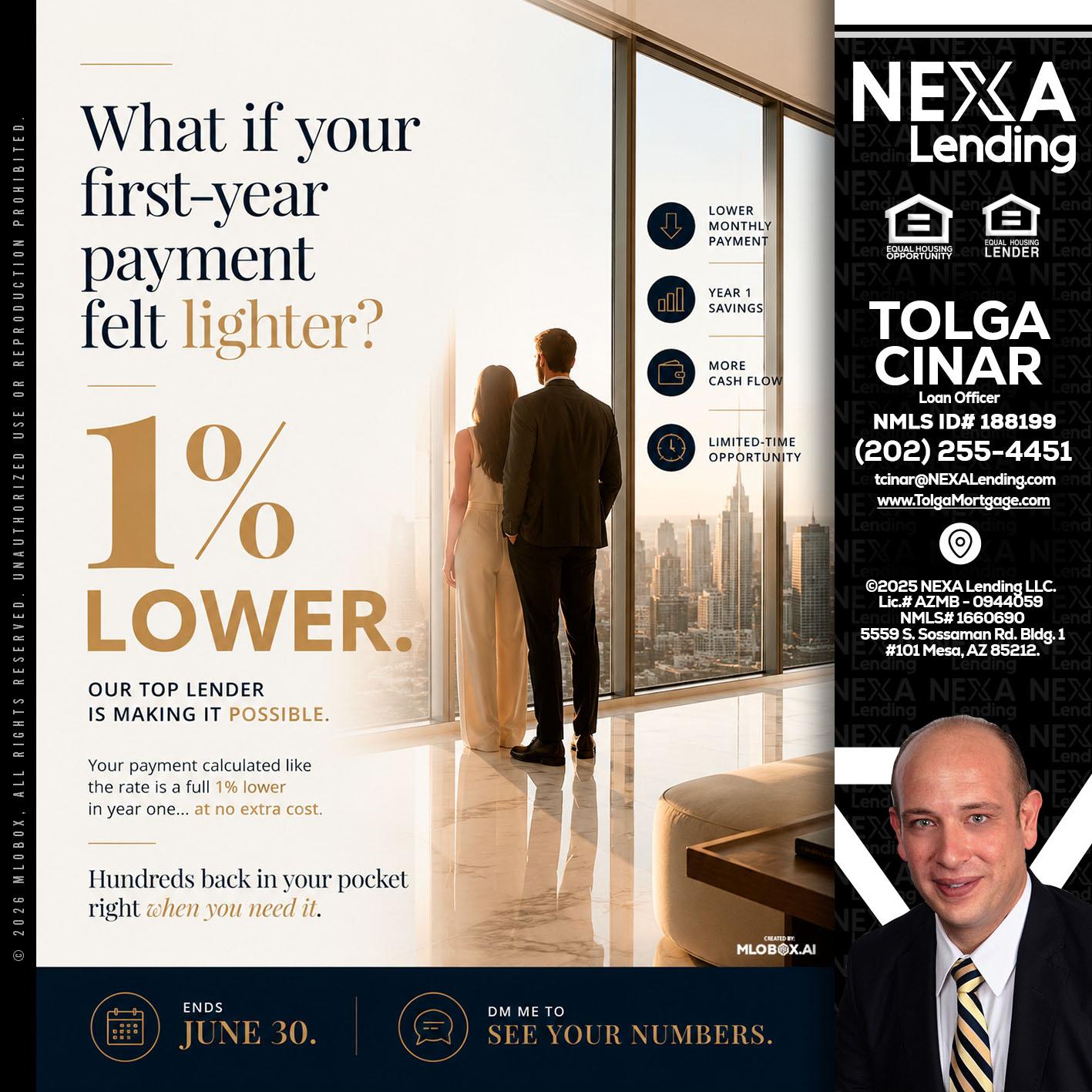 1% lower - Tolga Cinar -Mortgage Loan Originator