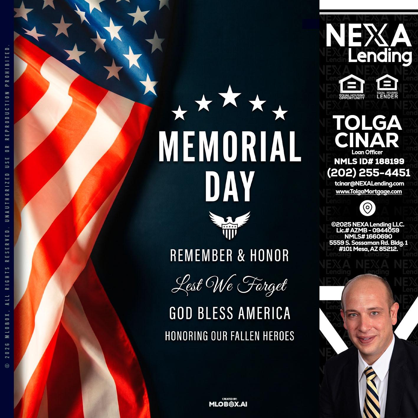 MEMORIAL DAY - Tolga Cinar -Mortgage Loan Originator