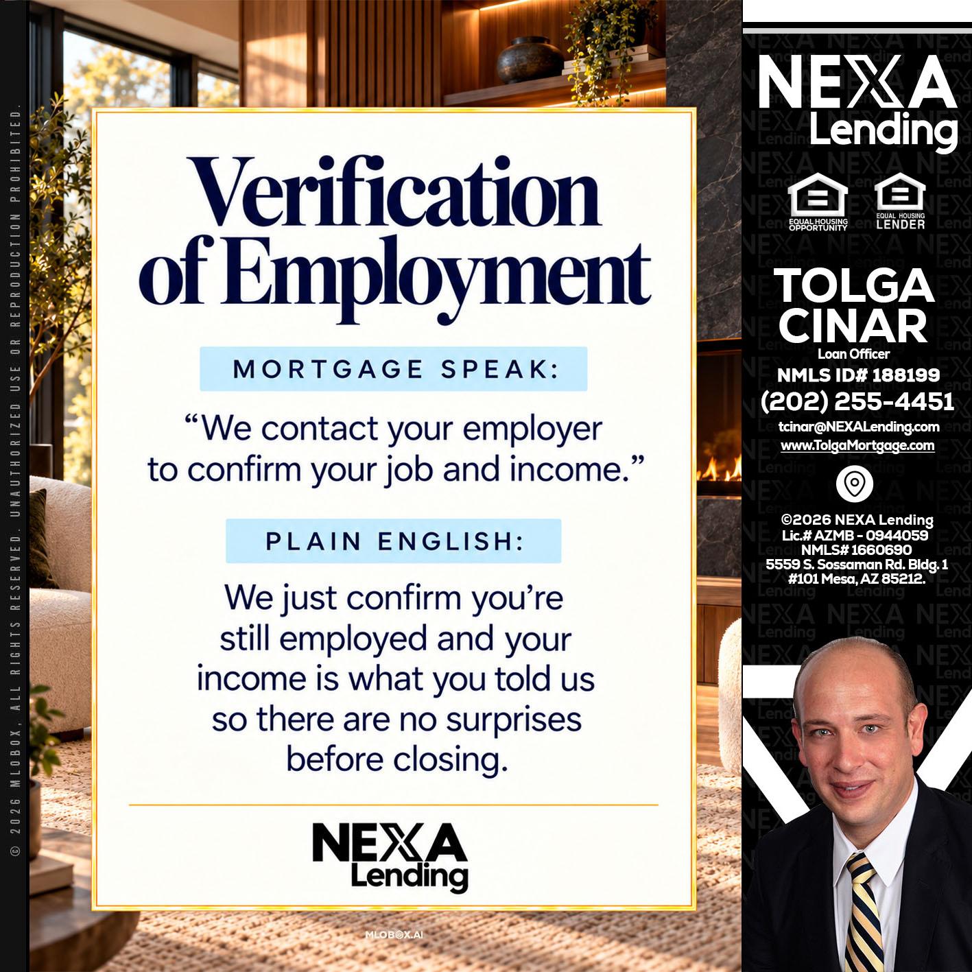 VERIFICATION OF EMPLOYMENT - Tolga Cinar -Mortgage Loan Originator